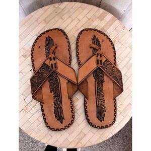 Handmade Leather Sandals Size 8 Engraved Eagle Design Traditional Mexican Huarac